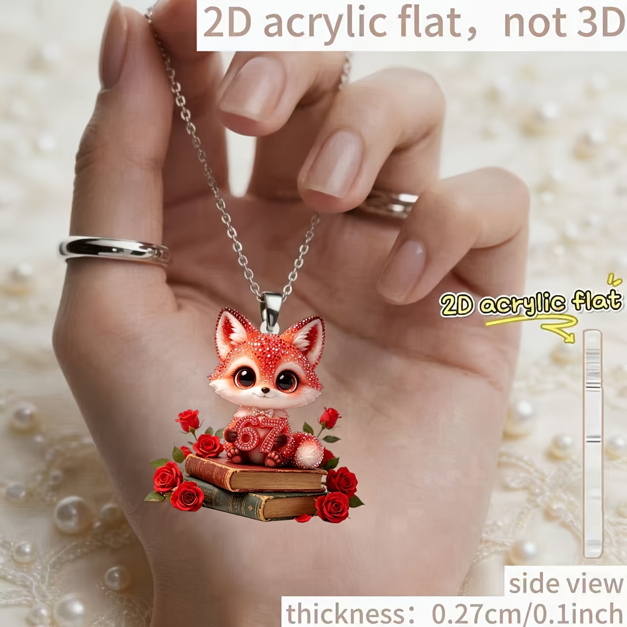 2D Acrylic Red Rose Fox Pendant Necklace, Gift Idea